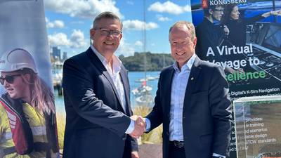 From left, L David Phillips, Chief Operating Officer, Svitzer Australia and to the right Paul Gilkison, Area Sales Manager, Kongsberg Digital (Photo: Kongsberg Digital)