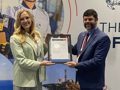 Left to right: Anastasija Kuprijanova, director of maritime dusiness development, Amogy, with Keegan Plaskon, director, business development – eastern North America, American Bureau of Shipping (Photo: Eric Haun)
