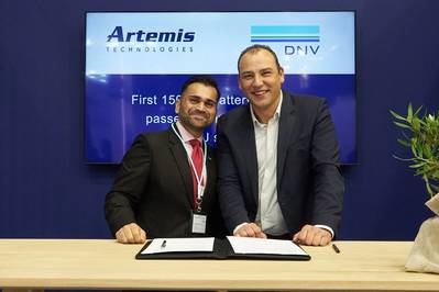 Photo from the ceremony at the Posidonia International Shipping Exhibition. Left: Aakash Dua, Regional Business Development Manager, DNV Maritime, Right:Boran Bekbulat, Director of Sales - EMEA, Artemis Technologies. (Source: DNV)