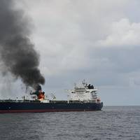 The tanker Marlin Luanda was struck by an anti-ship missile fired by Houthi forces on January 26, 2024. (Photo: Indian Navy)